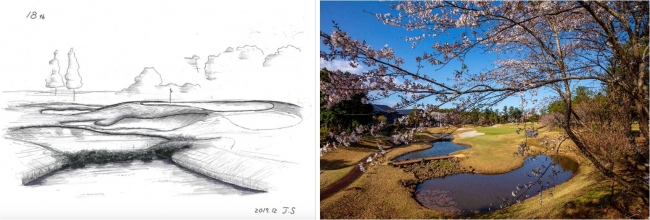 図左 嶋村唯史氏が改修前に描いた18番ホールのスケッチ 図右 改修を終えた18番ホールPar3。桜とのマッチングが見事