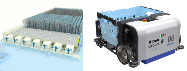 画像左：導入システムのイメージ、画像右：ALPHABOTシステム　ロボット台車「BOT」イメージ