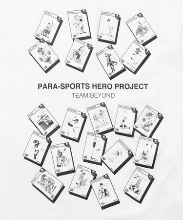 日本を代表する漫画家たちが描いた22競技のパラアスリートを、フロント一面にカード状で散りばめたTシャツのデザイン。