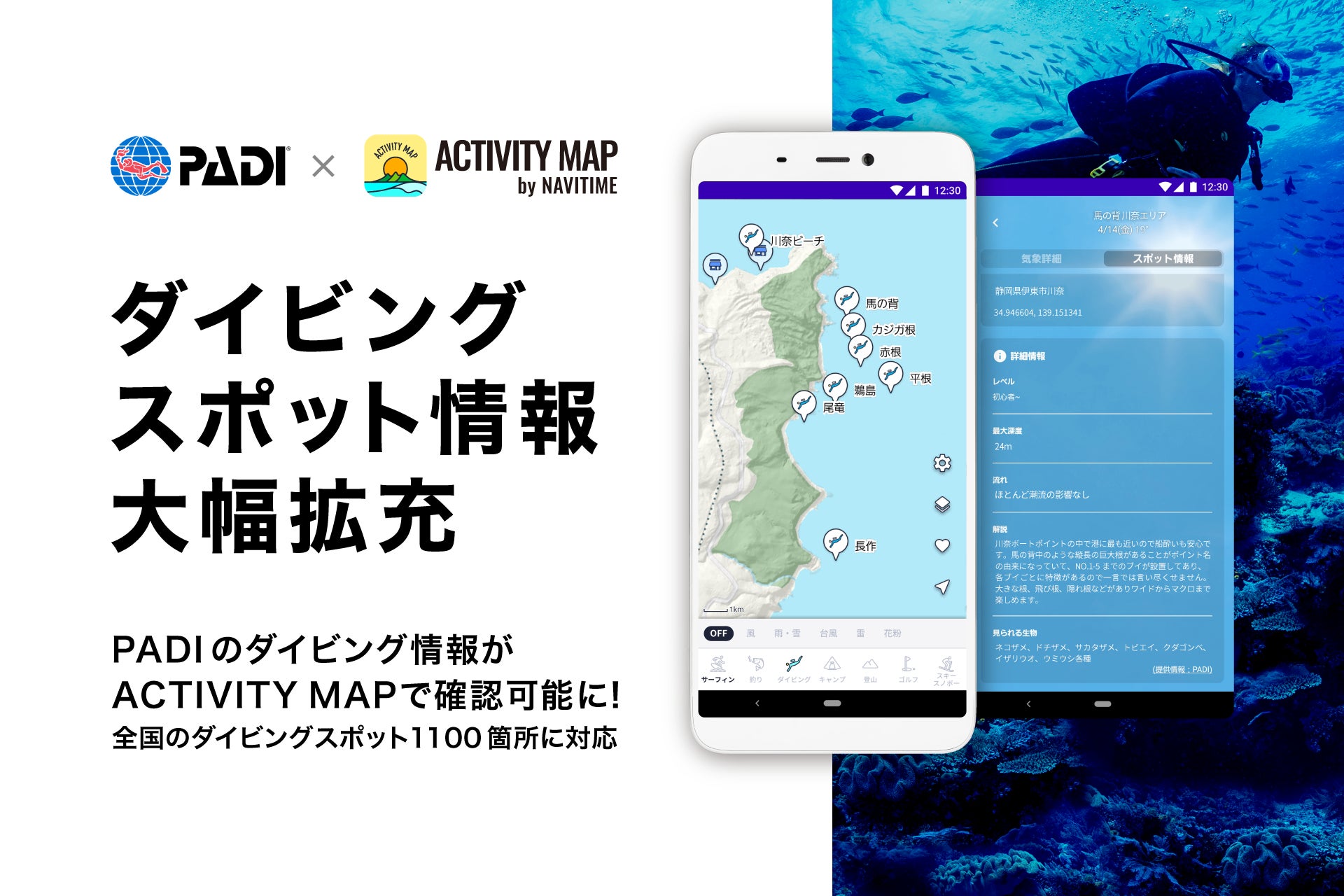 アウトドア用地図・気象情報アプリ『ACTIVITY MAP by NAVITIME』、PADIと連携し、ダイビング情報を大幅拡充