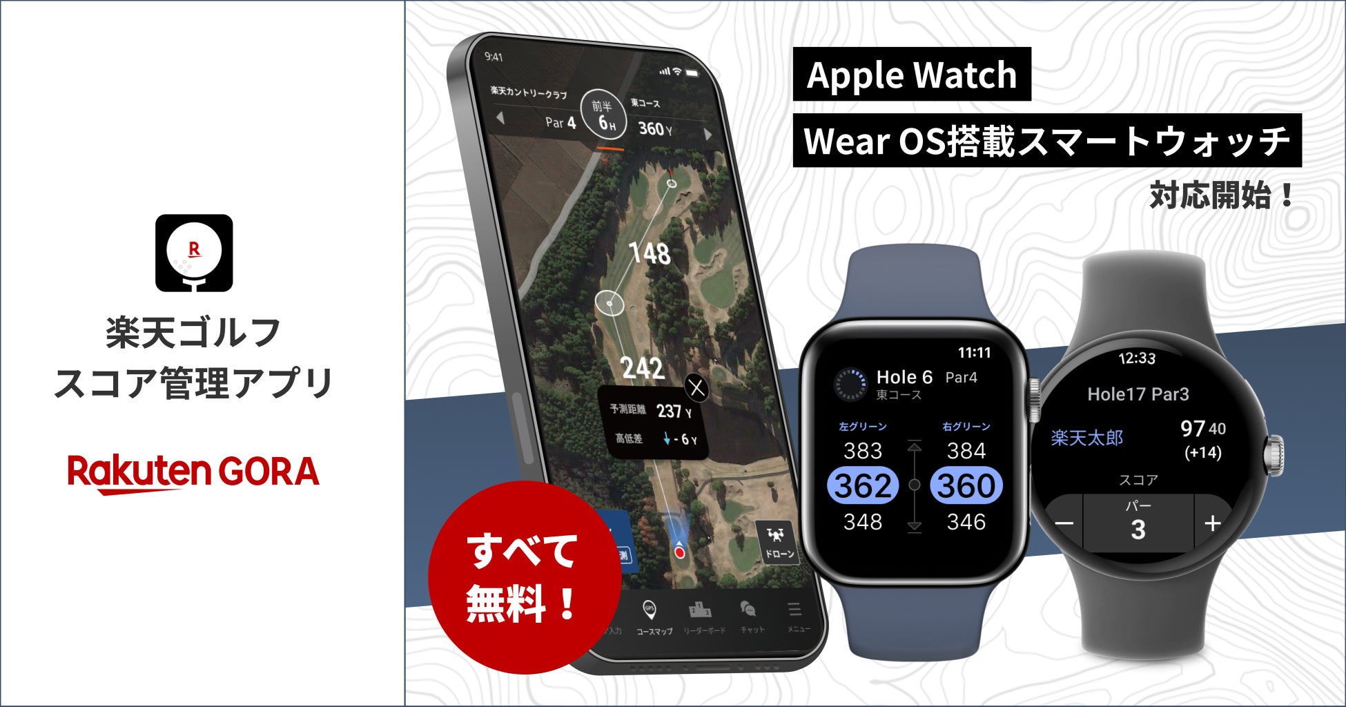 「楽天GORA」の「楽天ゴルフスコア管理アプリ」、Apple WatchとAndroid™対応のスマートウォッチで利用可能に