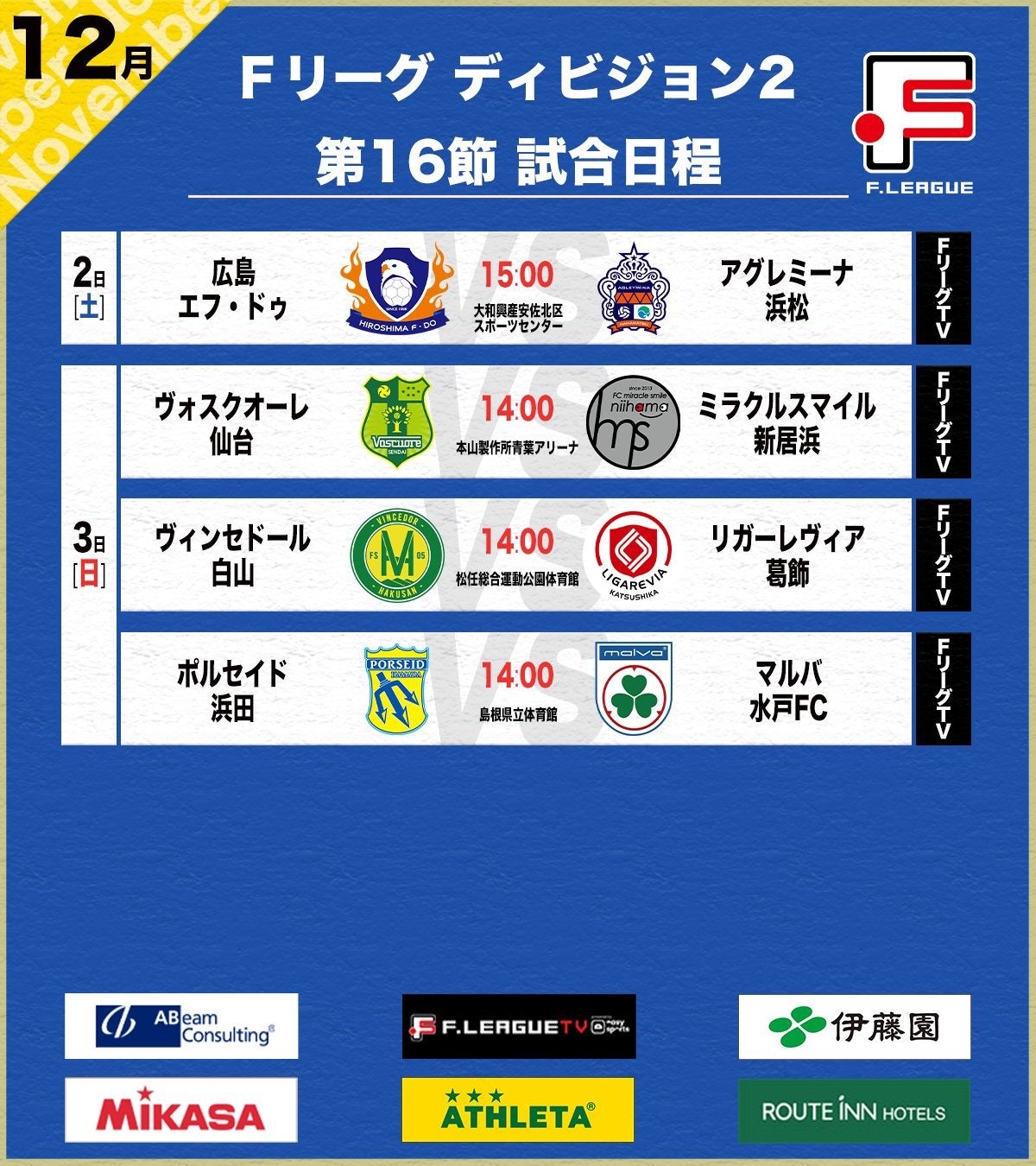 ポルセイド浜田とマルバ水戸FC、連敗を止めるのはどちらのチームか！【Ｆリーグ2023-2024 ディビジョン2 第16節】