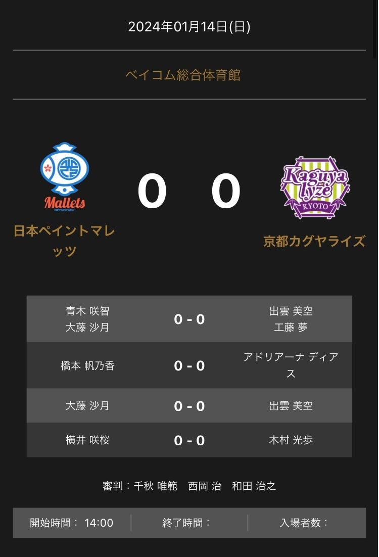 ノジマTリーグ 2023-2024シーズン 公式戦 1月14日開催 日本ペイントマレッツ vs 京都カグヤライズ オーダー発表