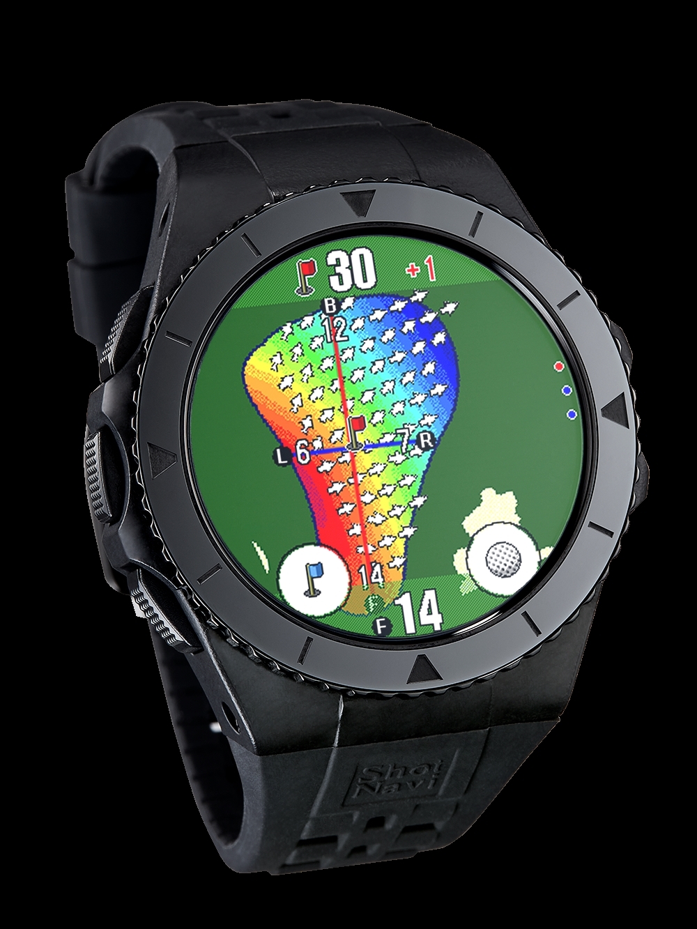 Shot Naviより、腕時計型GPSゴルフナビの新機能
「Dynamic Green Eye＆スロープディレクション」
「テンプアジャスト」「スイングテンポ」を搭載した
最上級モデルShot Navi『EXCEEDS』を2月22日発売