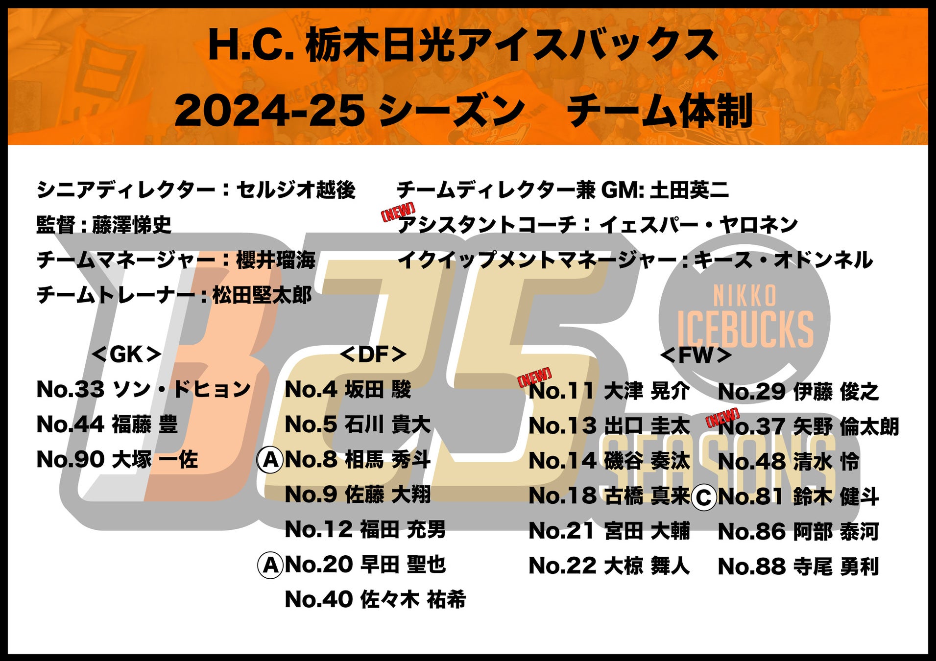 H.C.栃木日光アイスバックス2024-2025シーズン チーム体制決定