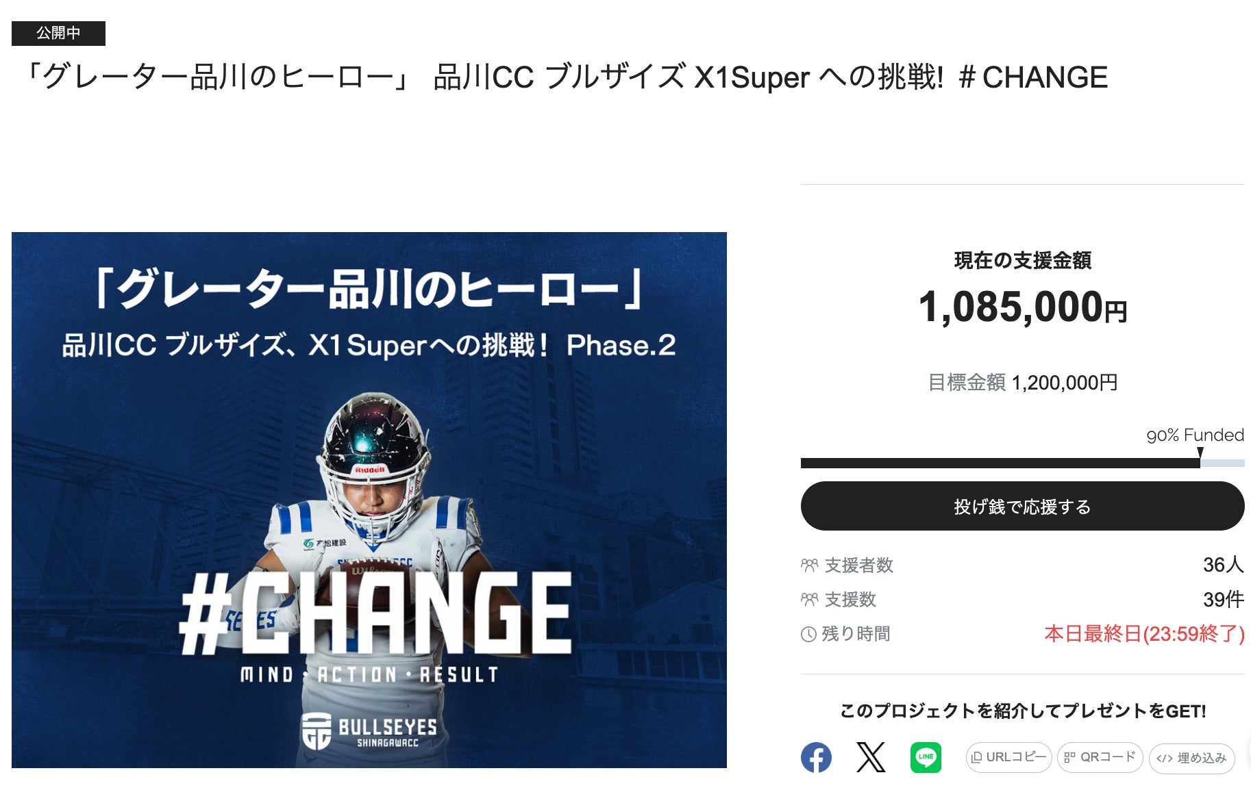 【クラウドファンディング本日終了まであと12時間!】「グレーター品川のヒーロー」 品川CC ブルザイズ X1Super への挑戦 #CHANGE