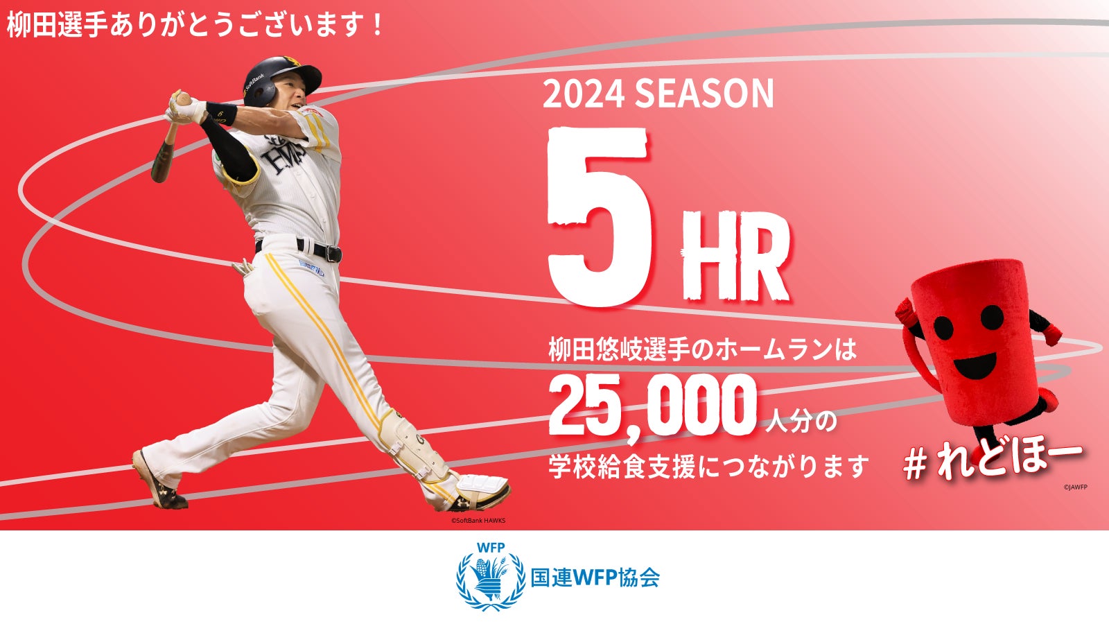 福岡ソフトバンクホークス　柳田悠岐選手　国連WFP協会へ6年連続の寄付～2024年は75万円、2万5千人分の学校給食支援に！～