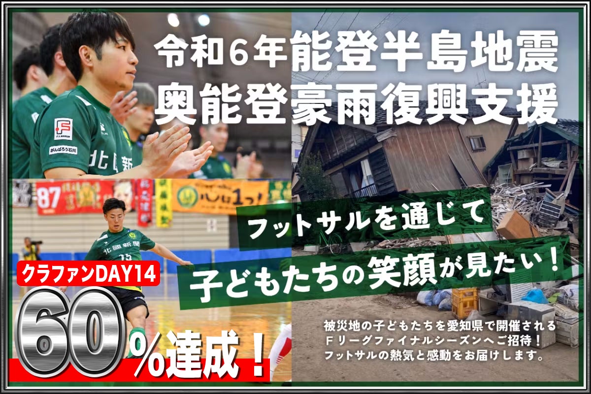 【開始2週間で60%達成！クラファン】令和6年能登半島地震・奥能登豪雨復興支援「フットサルを通じて子どもたちの笑顔が見たい！」【Ｆリーグ・女子Ｆリーグ＆ヴィンセドール白山＆アビームコンサルティング】