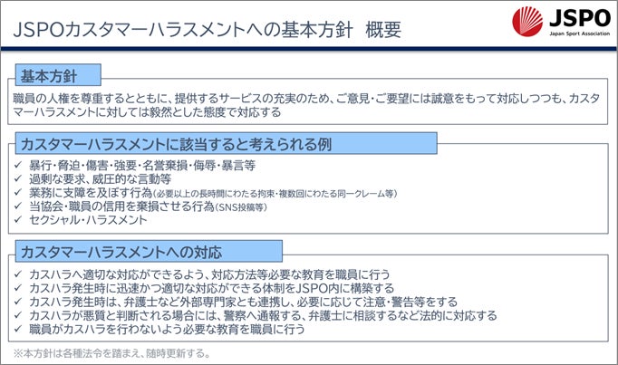 JSPOカスタマーハラスメントへの基本方針を策定しました