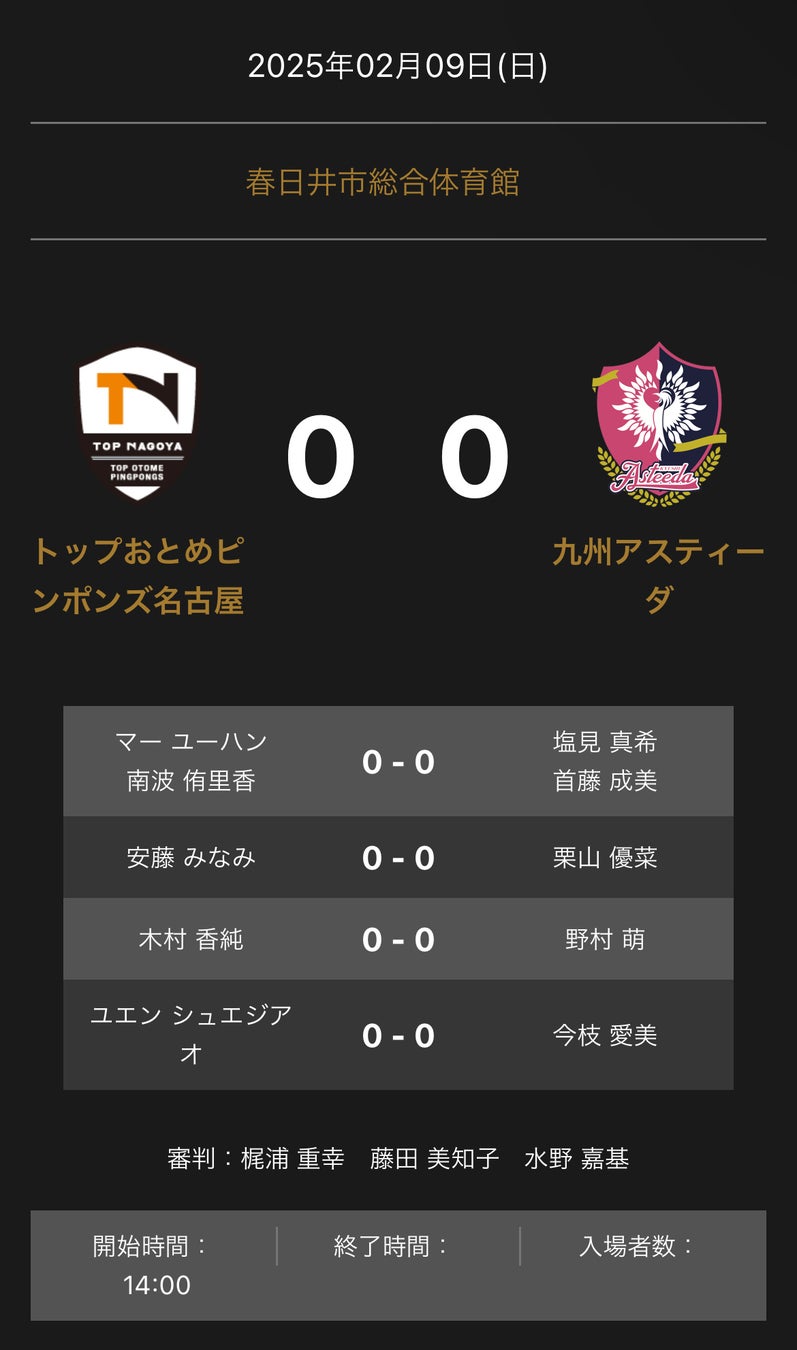 ノジマＴリーグ 2024-2025シーズン 公式戦 2月9日開催 岡山リベッツ vs 木下マイスター東京 対戦オーダー発表