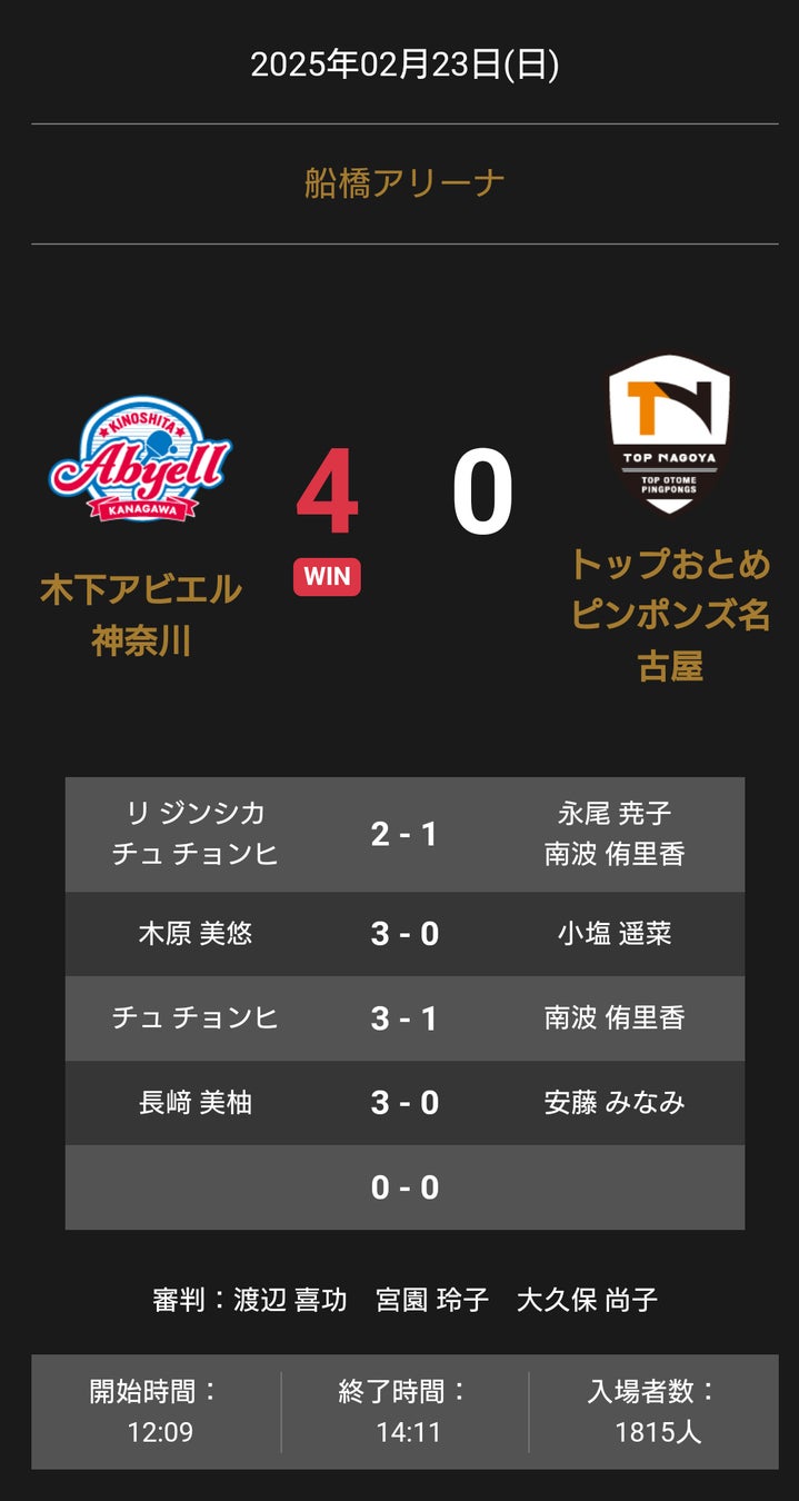 ノジマTリーグ 2024-2025シーズン 公式戦 2月23日開催 T.T彩たま vs 金沢ポート 対戦オーダー発表