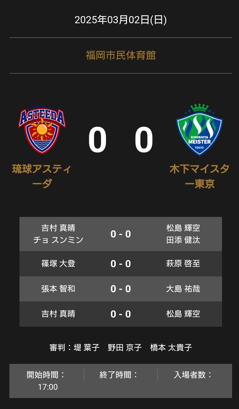 ノジマTリーグ 2024-2025シーズン 公式戦 3月2日開催 九州アスティーダ vs 木下アビエル神奈川 試合結果