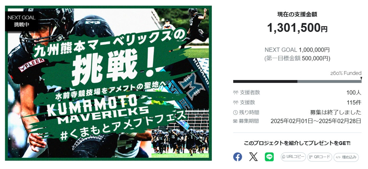 【目標達成！】九州熊本マーベリックス クラウドファンディング「九州熊本マーベリックスの挑戦！～水前寺競技場をアメフトの聖地へ～＃くまもとアメフトフェス」が終了