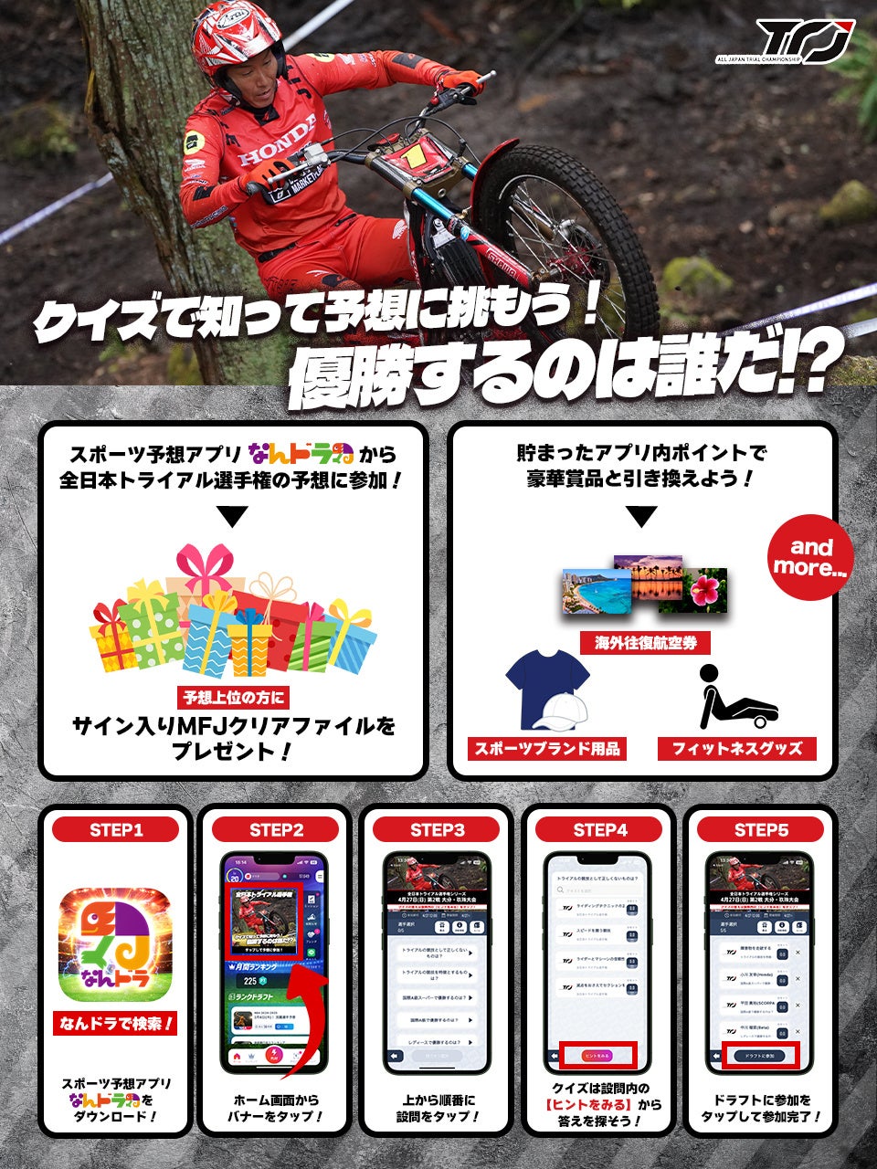 スポーツ予想アプリ「なんドラ」で4月27日（日）2025 MFJ全日本トライアル選手権シリーズ 第2戦『大分・玖珠大会』優勝予想を開催！