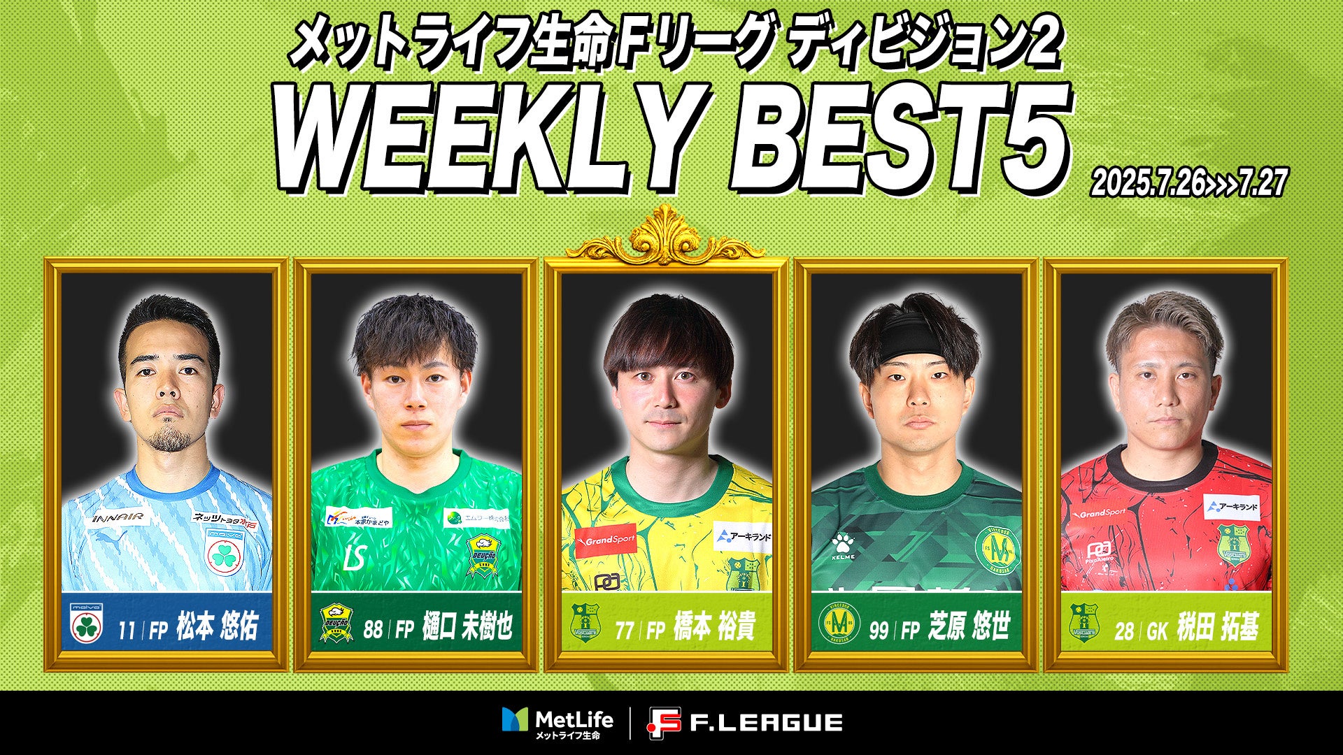 大澤将士（立川アスレティックFC）が週間MVPに！第10節｜2025年8月1日〜8月3日 週間ベスト5【メットライフ生命Ｆリーグ2025-26 ディビジョン1】