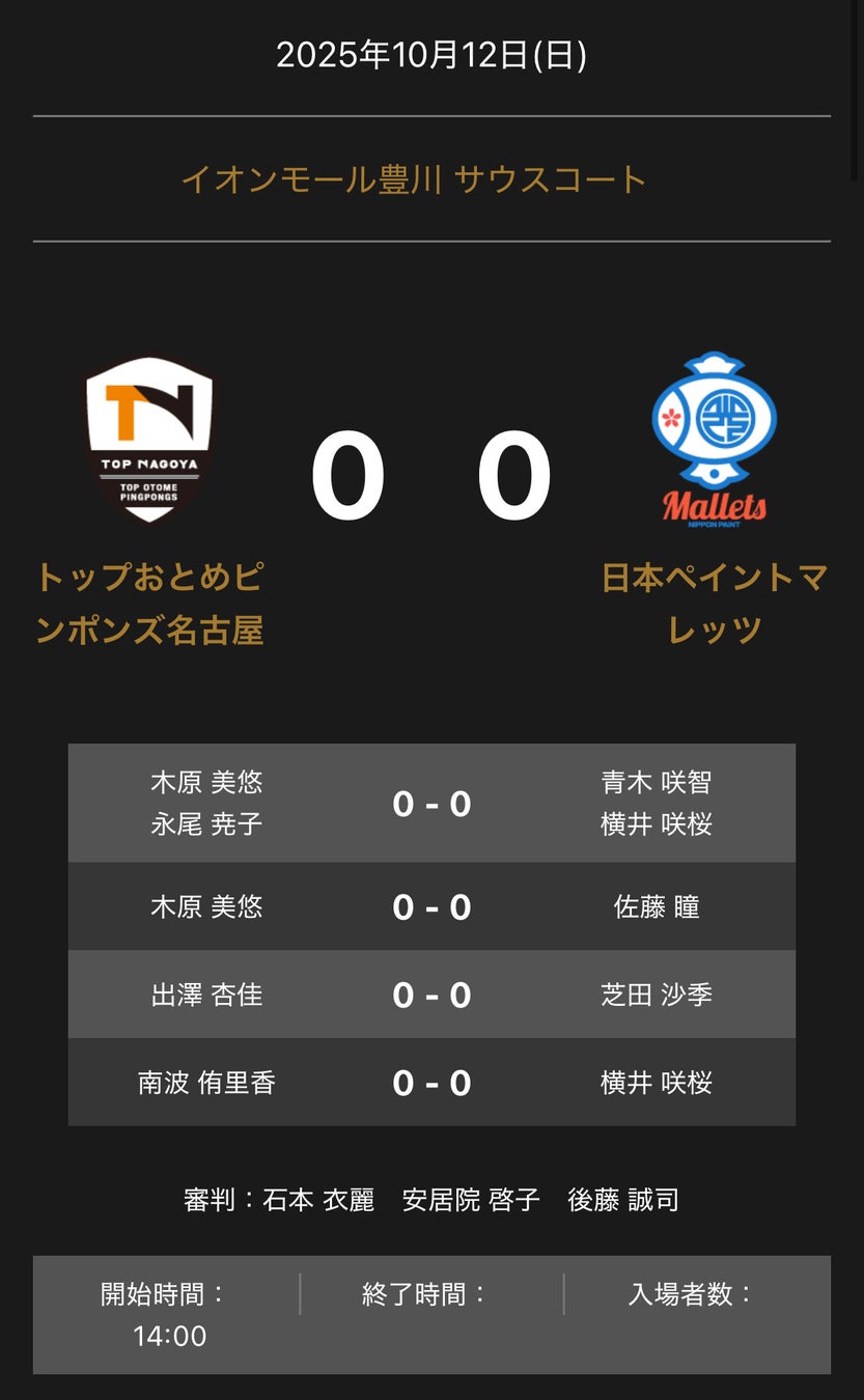 ノジマＴリーグ 2025-2026 公式戦 10月12日開催 金沢ポート vs 木下マイスター東京 対戦オーダー発表