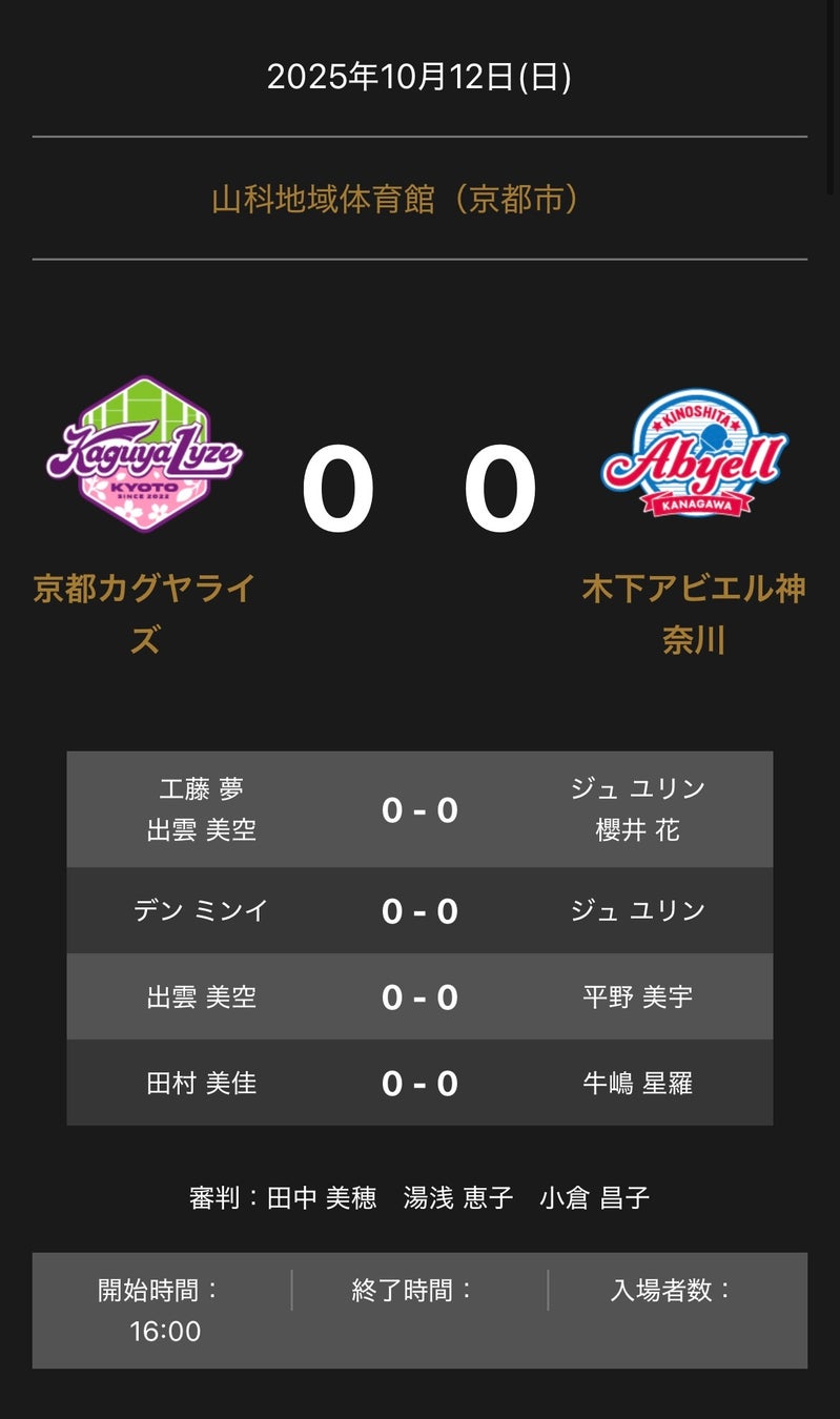 ノジマＴリーグ 2025-2026 公式戦 10月12日開催 トップおとめピンポンズ名古屋 vs 日本ペイントマレッツ 対戦オーダー発表