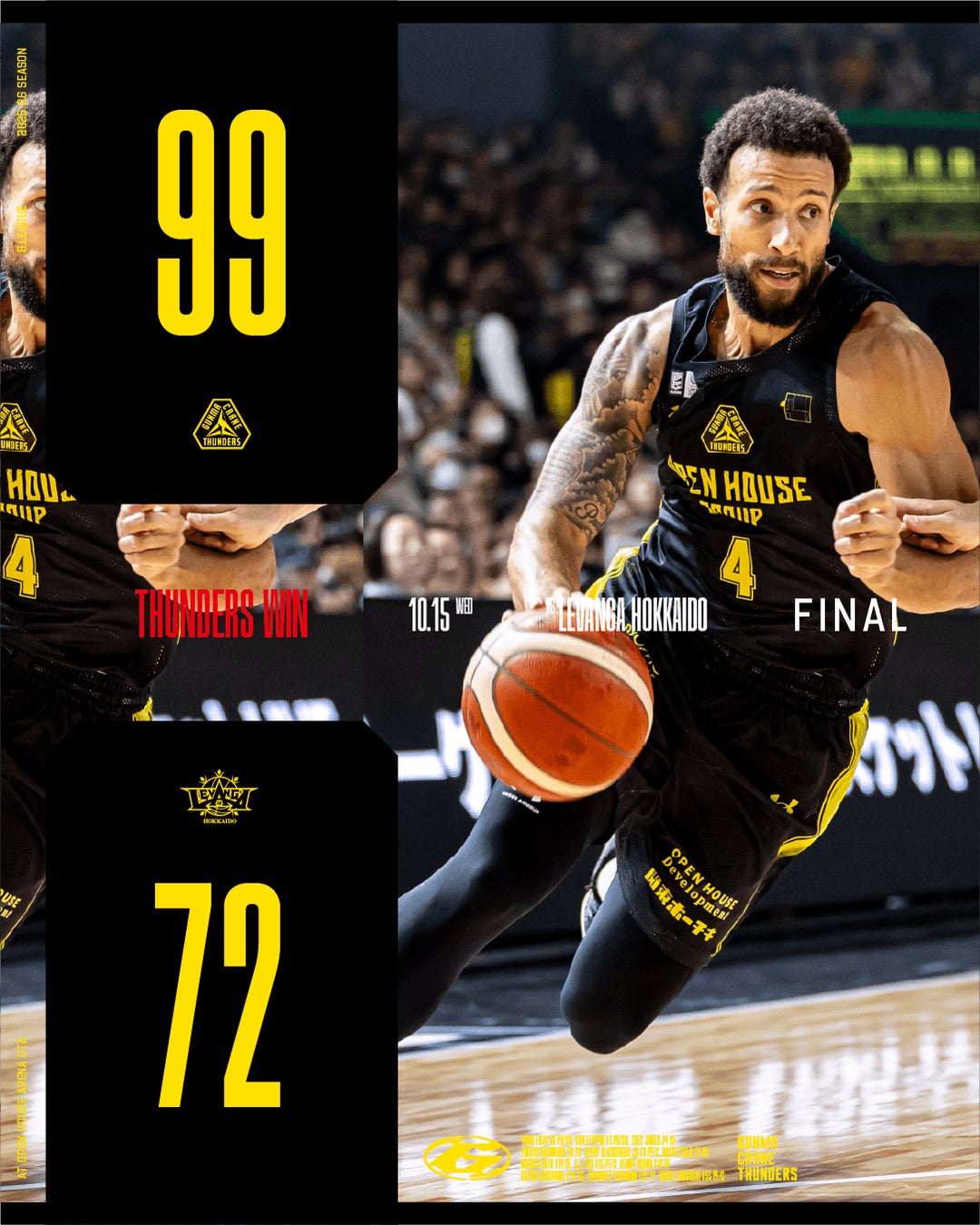 【群馬クレインサンダーズ：試合結果】10/15(水) vs レバンガ北海道 りそなグループ B.LEAGUE 2025-26シーズン