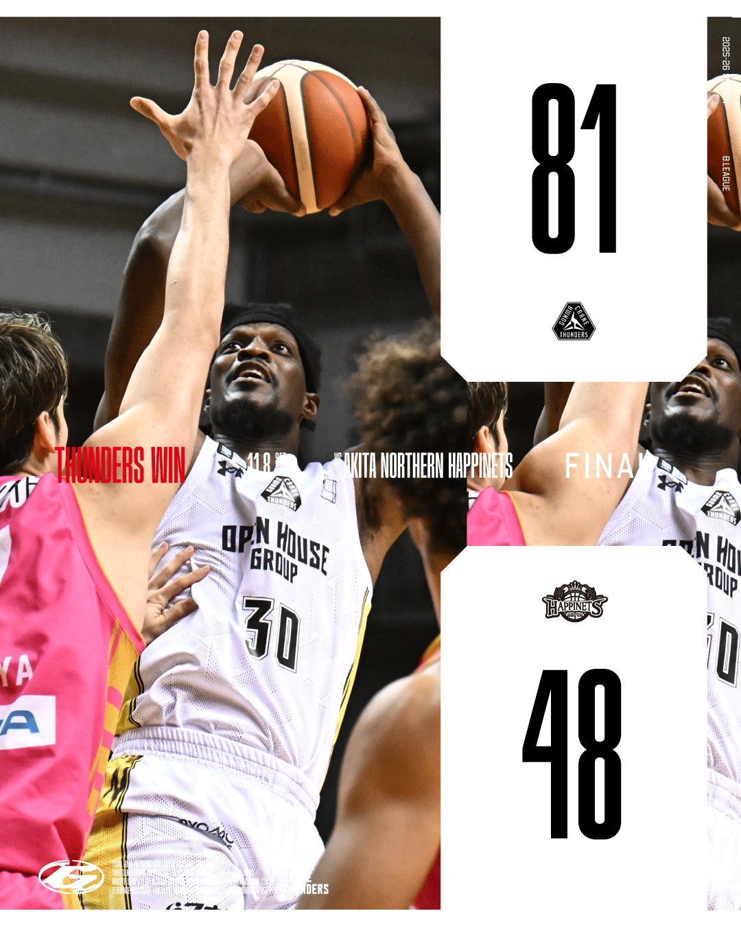 【群馬クレインサンダーズ：試合結果】11/8(土) vs 秋田ノーザンハピネッツ りそなグループ B.LEAGUE 2025-26シーズン