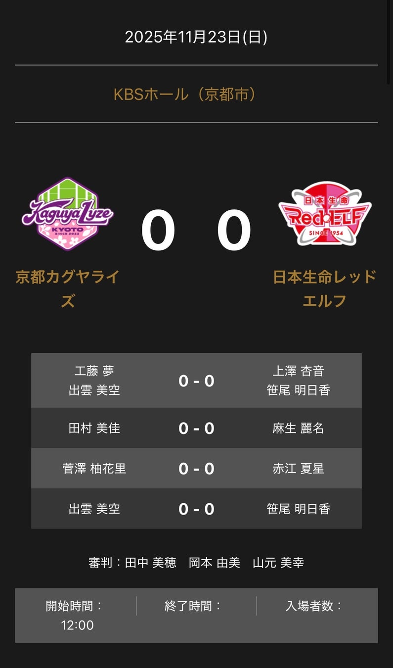 ノジマＴリーグ 2025-2026シーズン 公式戦 11月23日開催 京都カグヤライズ vs 日本生命レッドエルフ 対戦オーダー発表