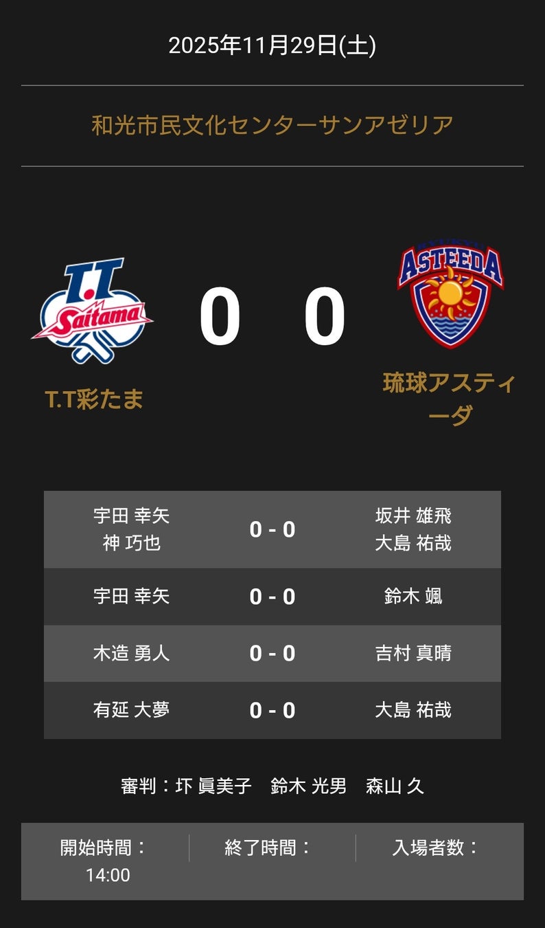 ノジマTリーグ 2025-2026 公式戦 11月29日開催 T.T彩たま vs 琉球アスティーダ オーダー発表