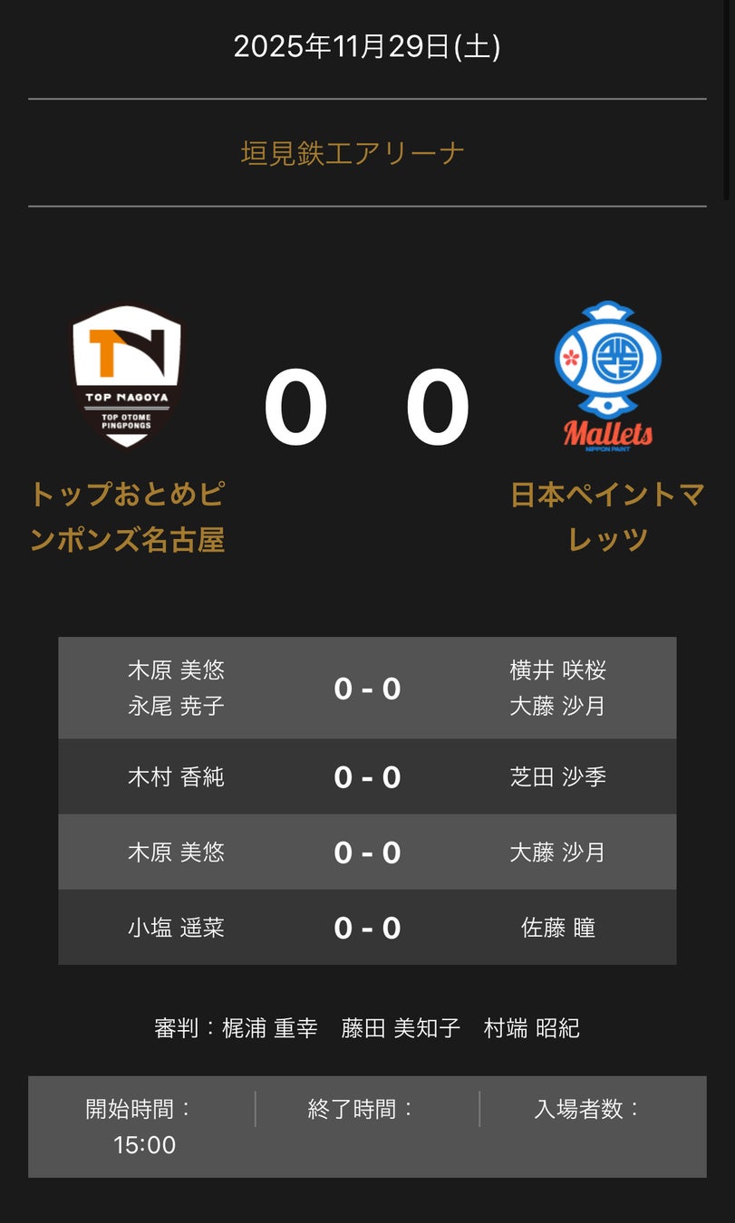 ノジマTリーグ 2025-2026シーズン 公式戦 11月29日開催 トップおとめピンポンズ名古屋 vs 日本ペイントマレッツ 対戦オーダー発表