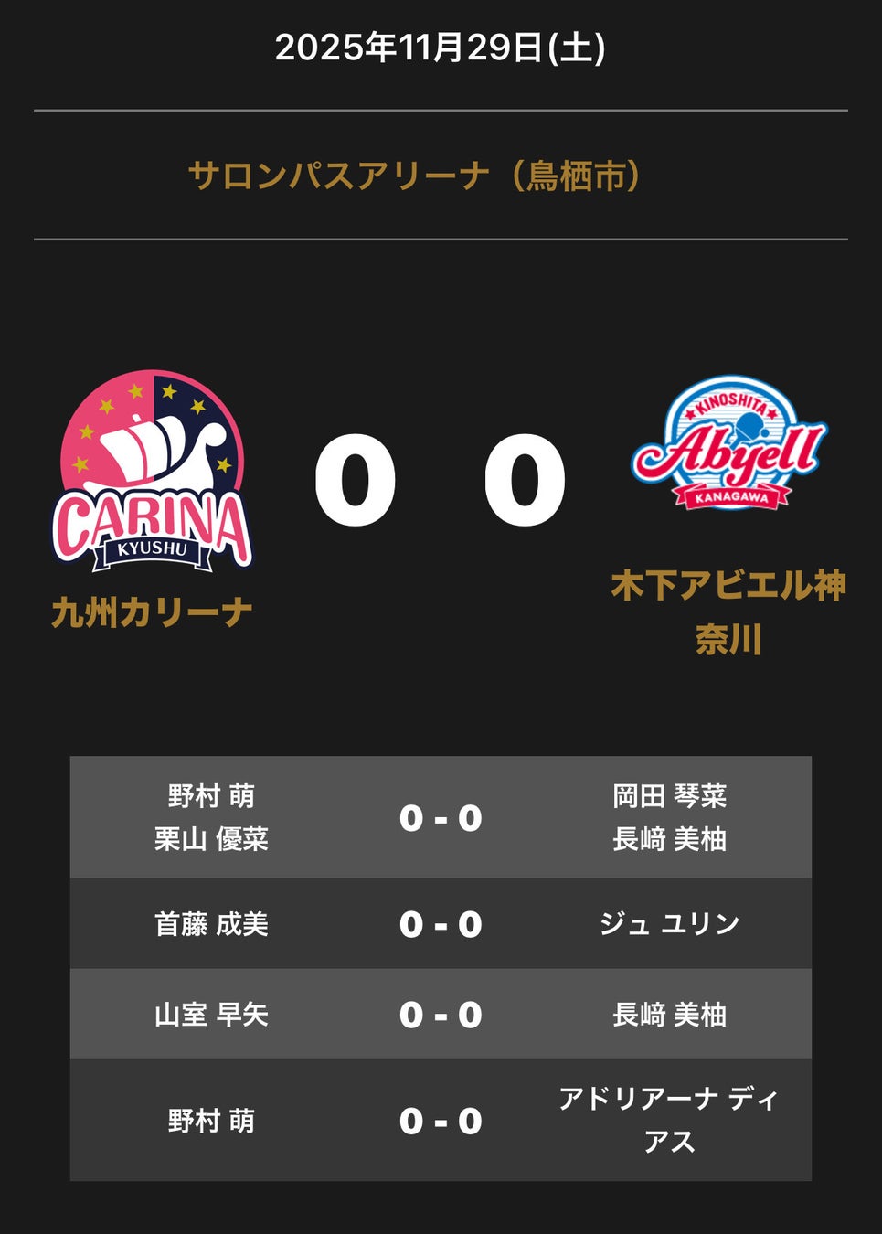 ノジマTリーグ 2025-2026 公式戦 11月29日開催 九州カリーナ vs 木下アビエル神奈川 対戦オーダー発表