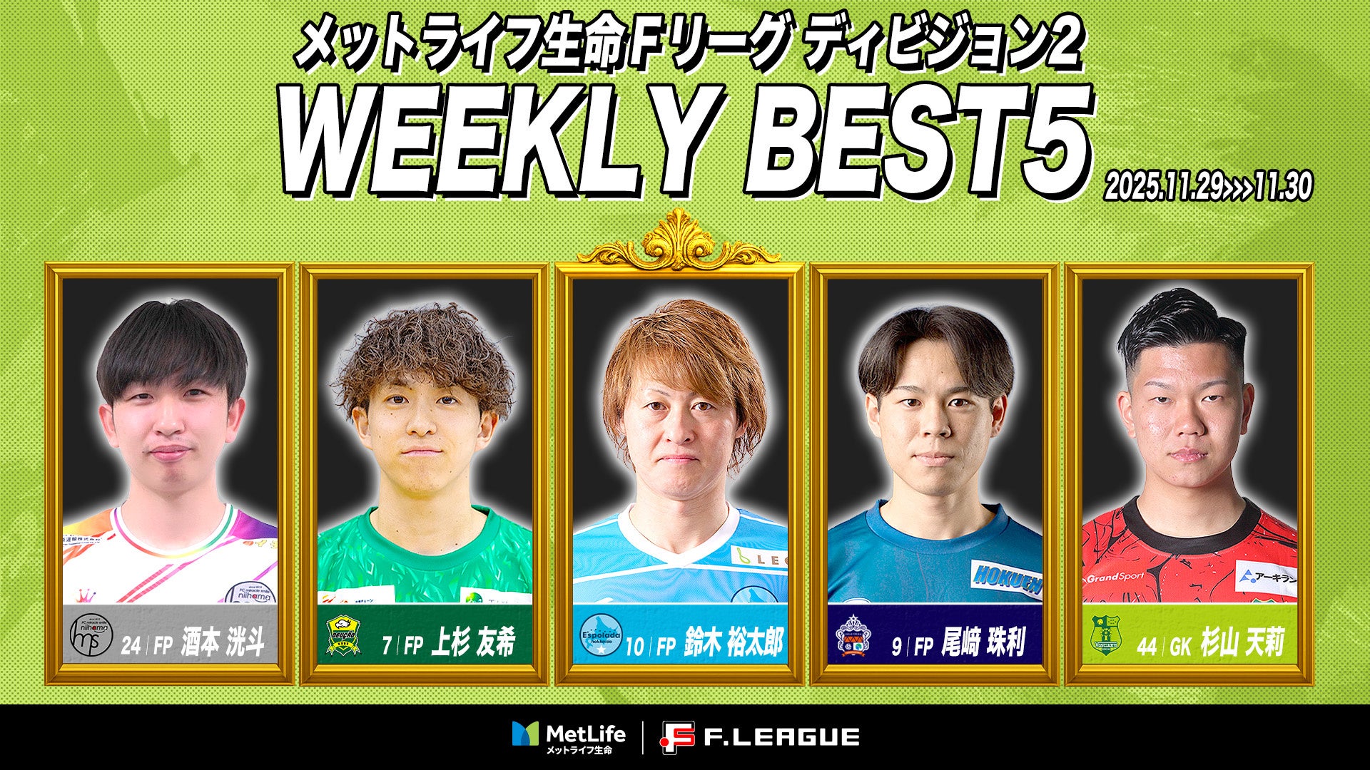 鈴木裕太郎（エスポラーダ北海道）がMVPに！第17節｜2025年11月29日〜11月30日 週間ベスト5【メットライフ生命Ｆリーグ2025-26 ディビジョン2】