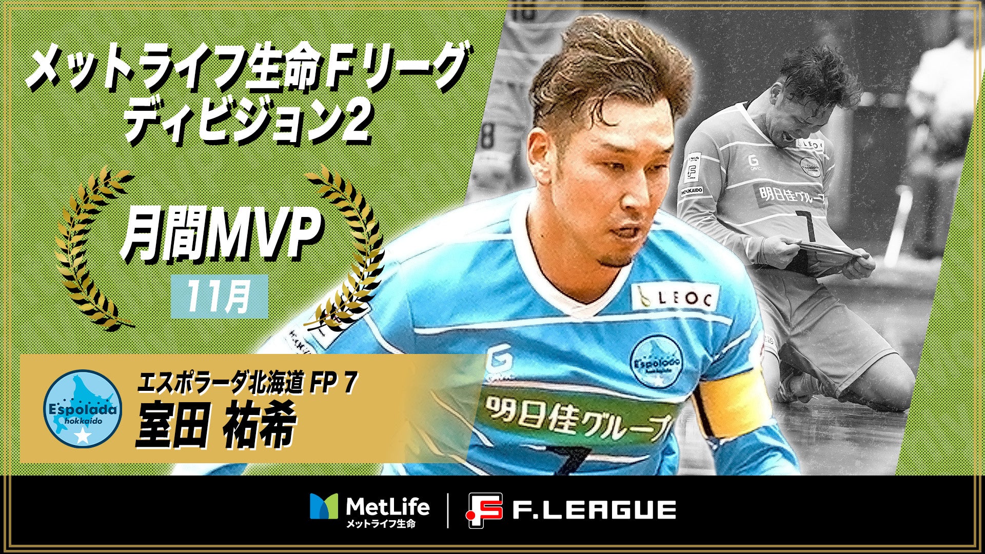 室田祐希（北海道）が11月の月間MVPに！ 第13節〜第17節｜2025年11月1日〜2025年11月30日【メットライフ生命Ｆリーグ2025-26 ディビジョン2】