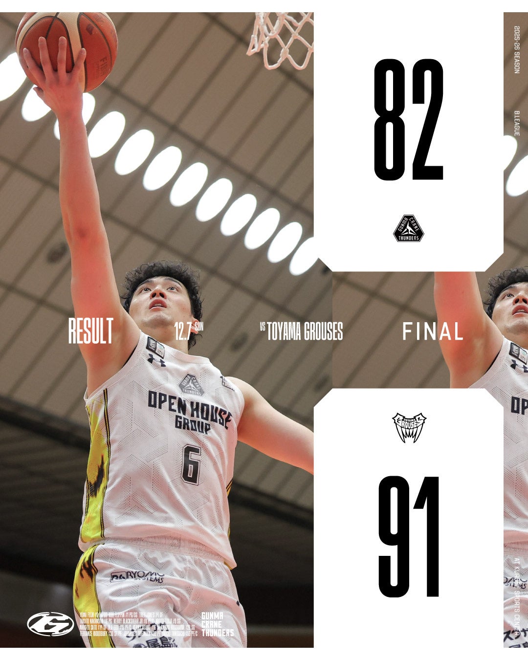 【群馬クレインサンダーズ：試合結果】12/6(土) vs 富山グラウジーズ りそなグループ B.LEAGUE 2025-26シーズン コピー