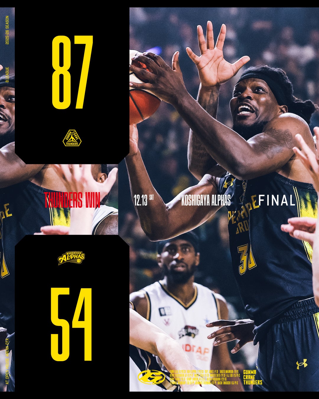 【群馬クレインサンダーズ：試合結果】12/13(土) vs 越谷アルファーズ りそなグループ B.LEAGUE 2025-26シーズン