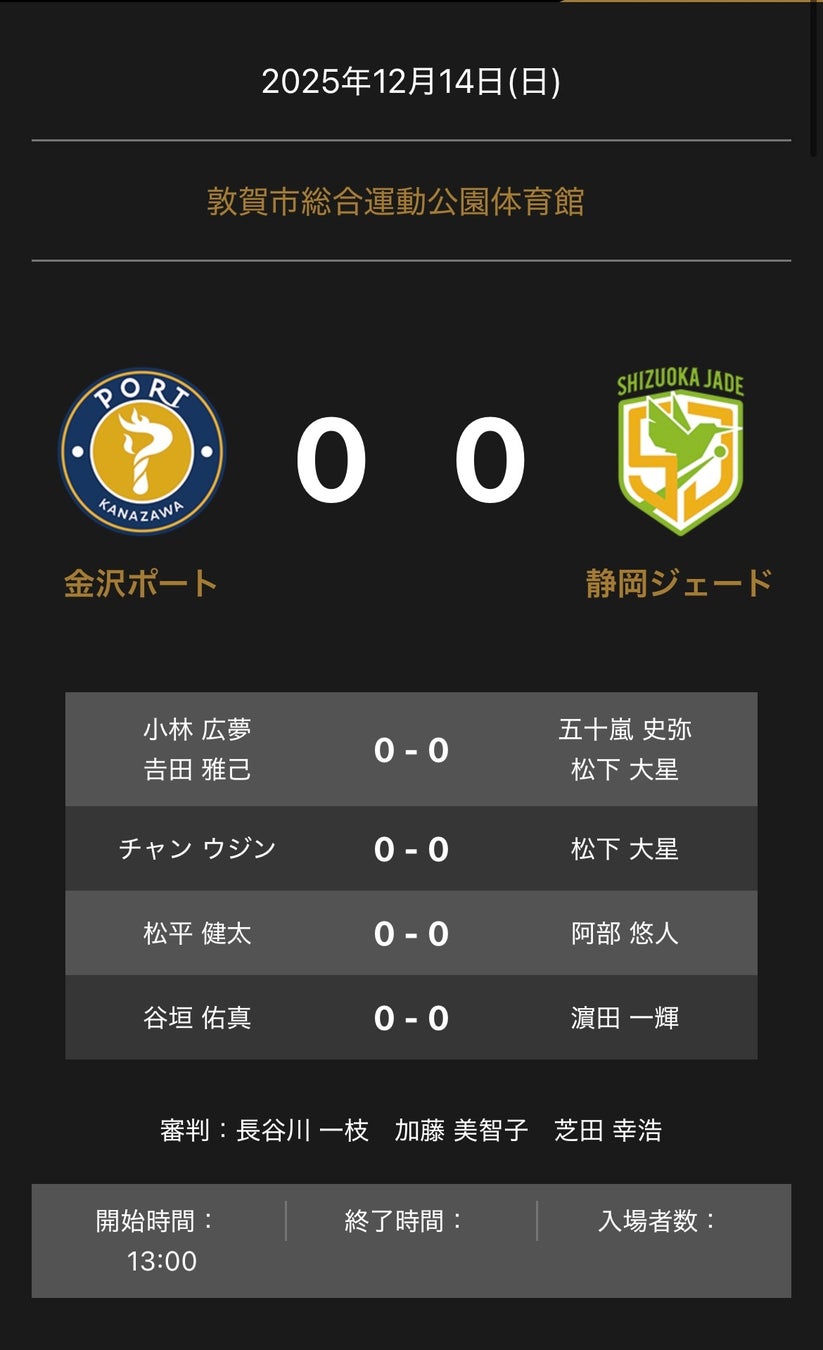 ノジマＴリーグ 2025-2026シーズン 公式戦 12月14日開催 金沢ポート vs 静岡ジェード 対戦オーダー発表