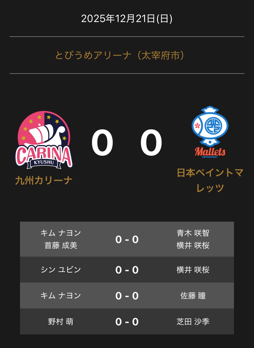 ノジマＴリーグ 2025-2026シーズン 公式戦　12月21日開催 九州カリーナ vs 日本ペイントマレッツ 対戦オーダー発表