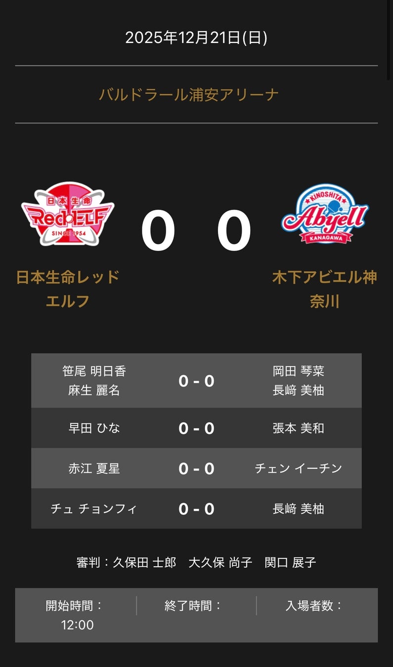 ノジマＴリーグ 2025-2026シーズン 公式戦 12月21日開催 日本生命レッドエルフ vs 木下アビエル神奈川 対戦オーダー発表