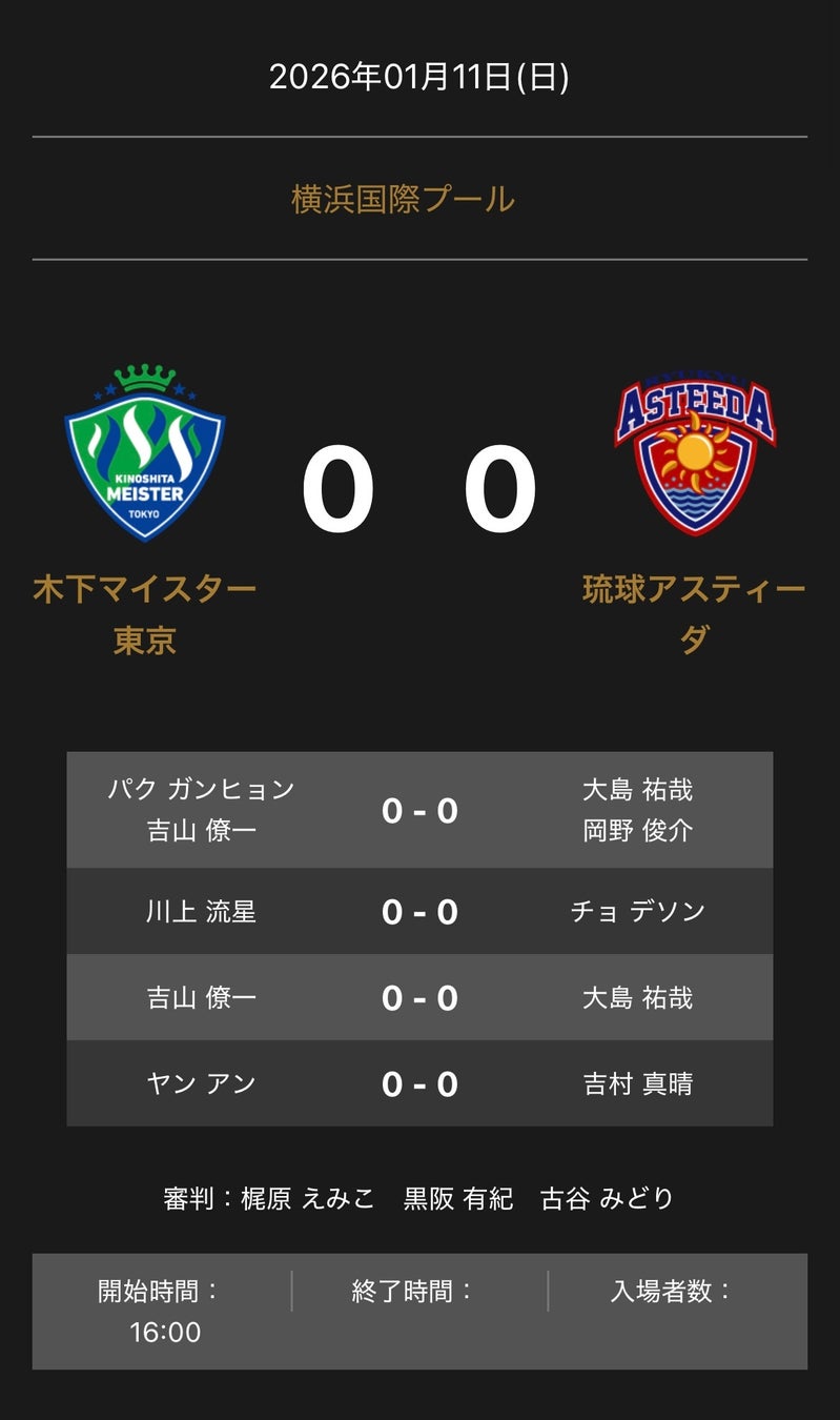 ノジマＴリーグ 2025-2026シーズン 公式戦 1月11日開催 木下マイスター東京 vs 琉球アスティーダ 対戦オーダー発表