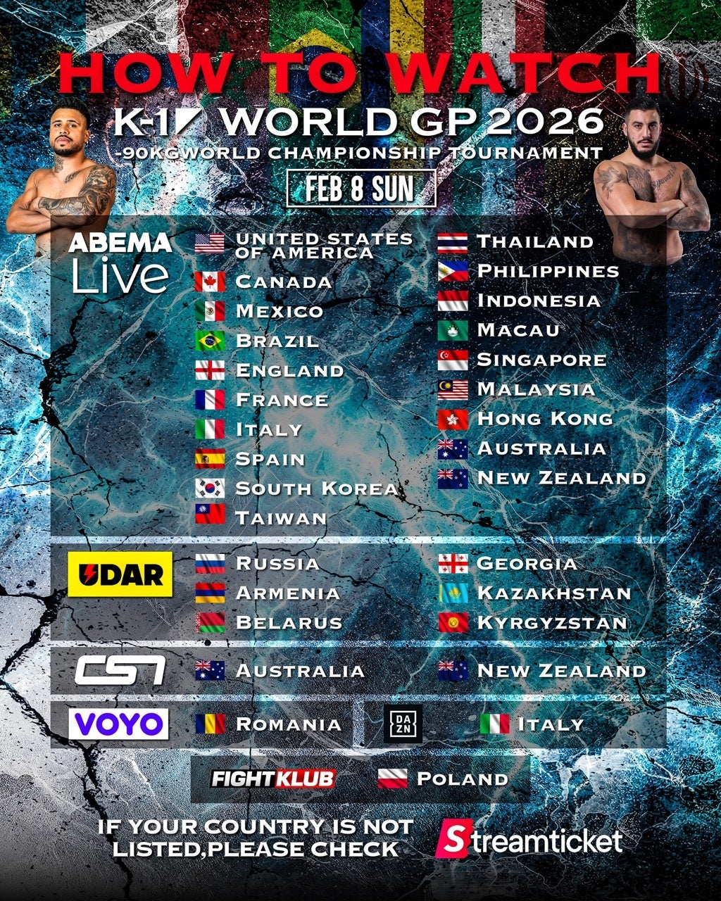 「K-1 WORLD GP」世界の大手6放送局で配信決定！ABEMA・UdarTVに加え、DAZN／CSN／ProTV／FightKlubでの配信が新たに決定！！