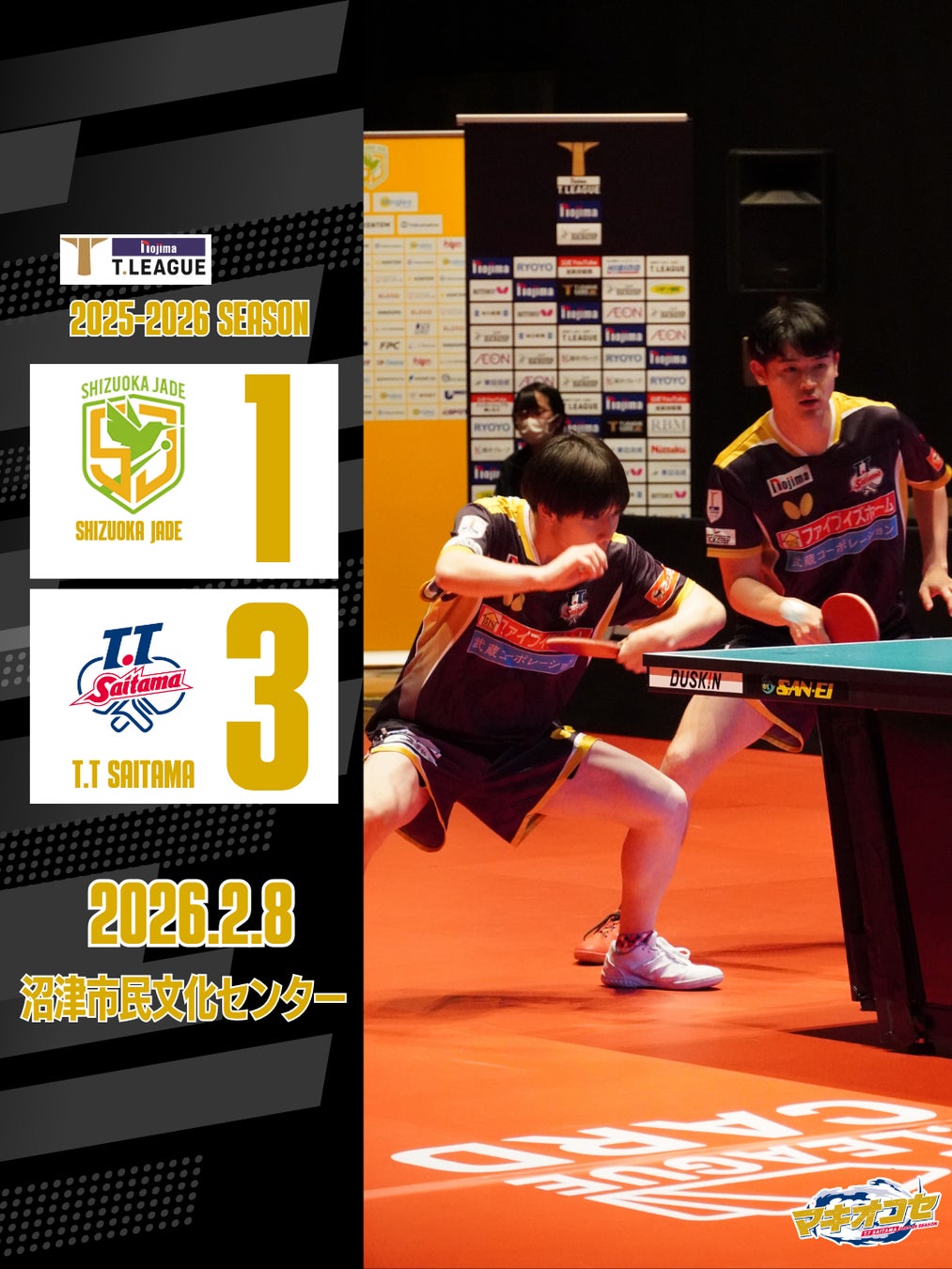 【T.T彩たま】試合結果/ノジマＴリーグ 2025-2026シーズン第20戦 vs静岡ジェード