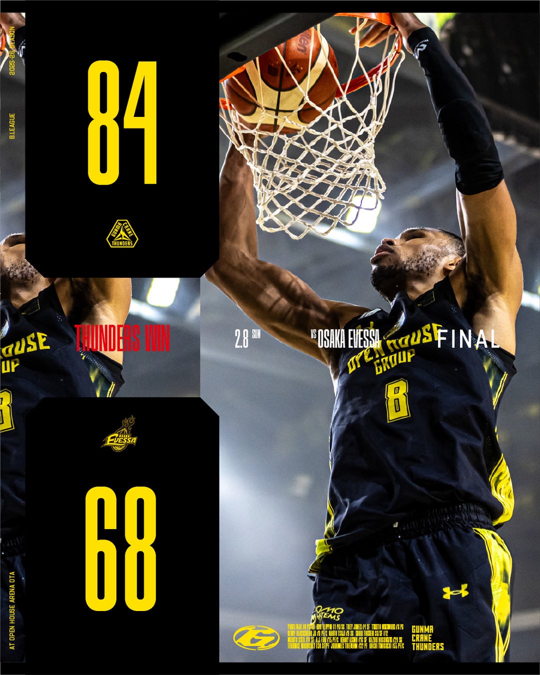 【群馬クレインサンダーズ：試合結果】2/8(日) vs 大阪エヴェッサ りそなグループ B.LEAGUE 2025-26シーズン