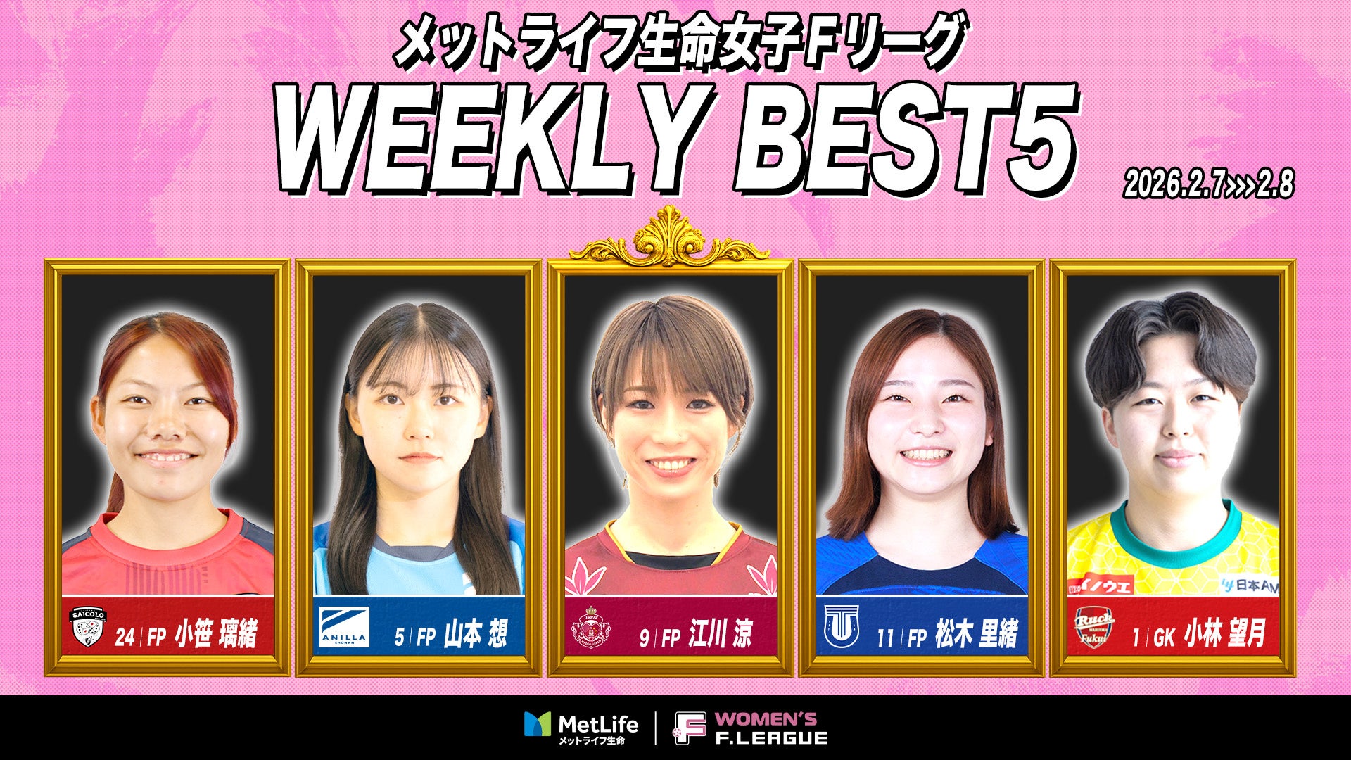 江川涼（SWHレディース西宮）が週間MVPに！ファイナルシーズン第16節｜2026年2月7日〜8日 週間ベスト5【メットライフ生命女子Ｆリーグ2025-26】