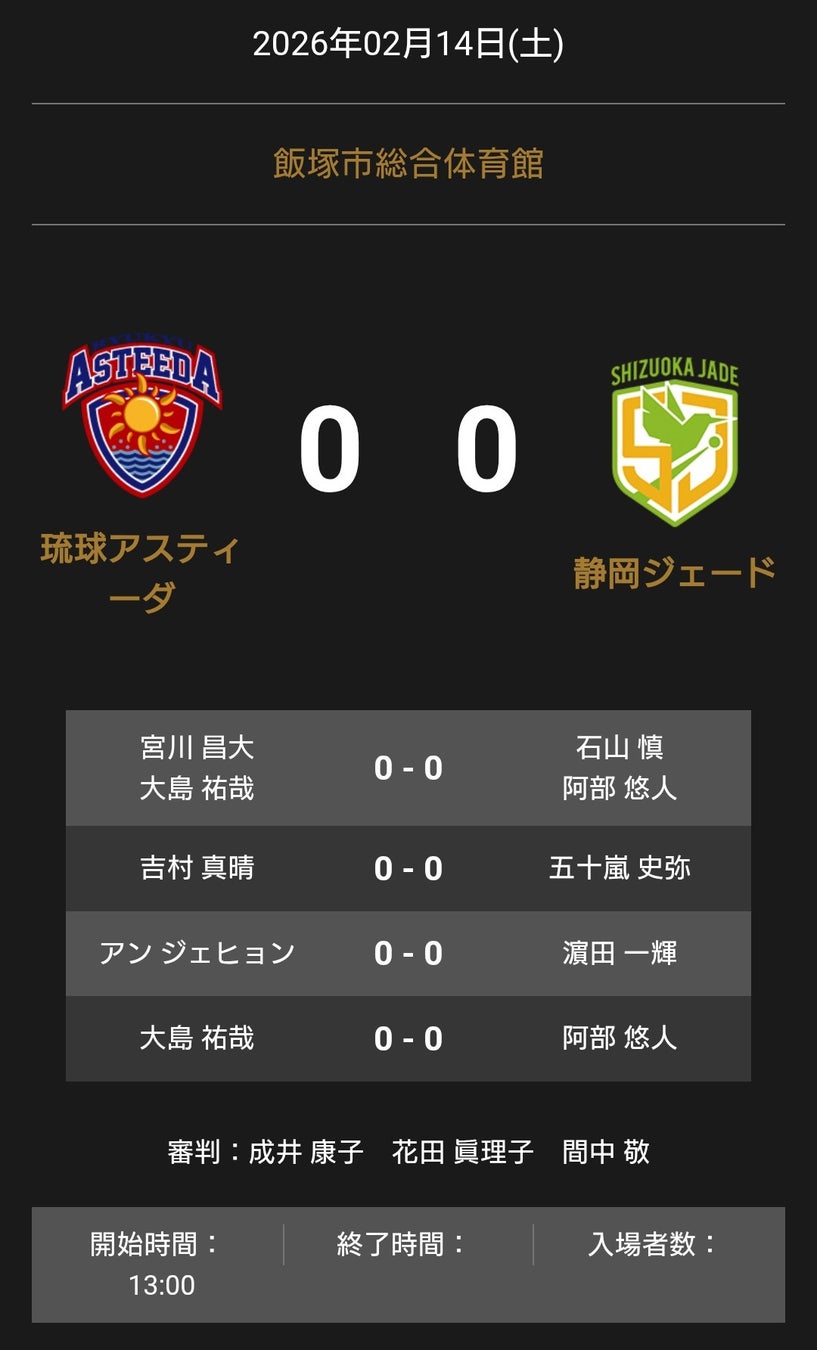 ノジマTリーグ 2025-2026 公式戦 2月14日開催 琉球アスティーダ vs 静岡ジェード オーダー発表