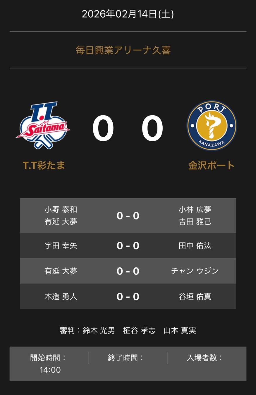ノジマＴリーグ 2025-2026 公式戦 2月14日開催 T.T彩たま vs 金沢ポート 対戦オーダー発表