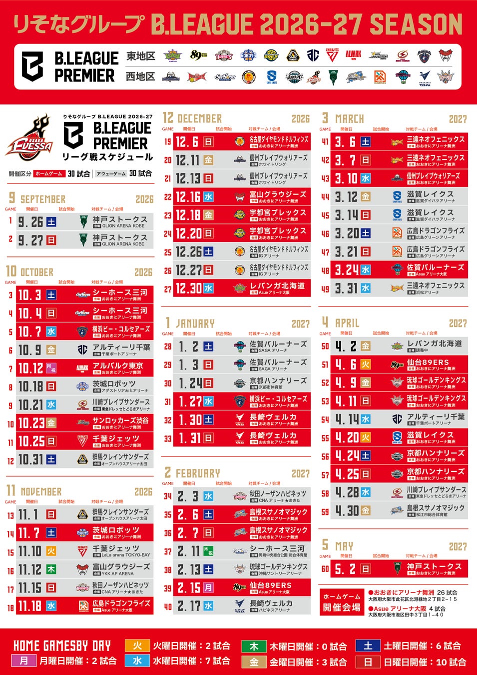 【大阪エヴェッサ】りそなグループ B.LEAGUE 2026-27 SEASON ホーム開幕戦および全日程決定