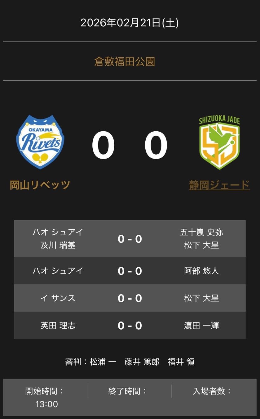 ノジマＴリーグ 2025-2026シーズン 公式戦 2月21日(土)開催 岡山リベッツ vs 静岡ジェード 対戦オーダー発表