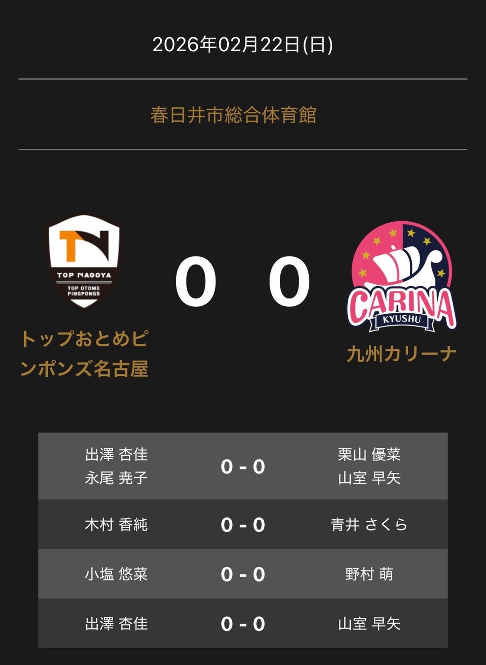 ノジマＴリーグ 2025-2026シーズン 公式戦 2月22日(日)開催 　トップおとめピンポンズ名古屋 vs 九州カリーナ　対戦オーダー発表