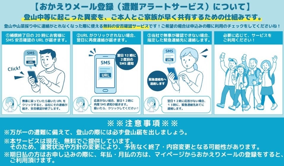 登山保険『ワンタイムやまの保険』 「おかえりメール登録（遭難アラートサービス）」を大幅強化