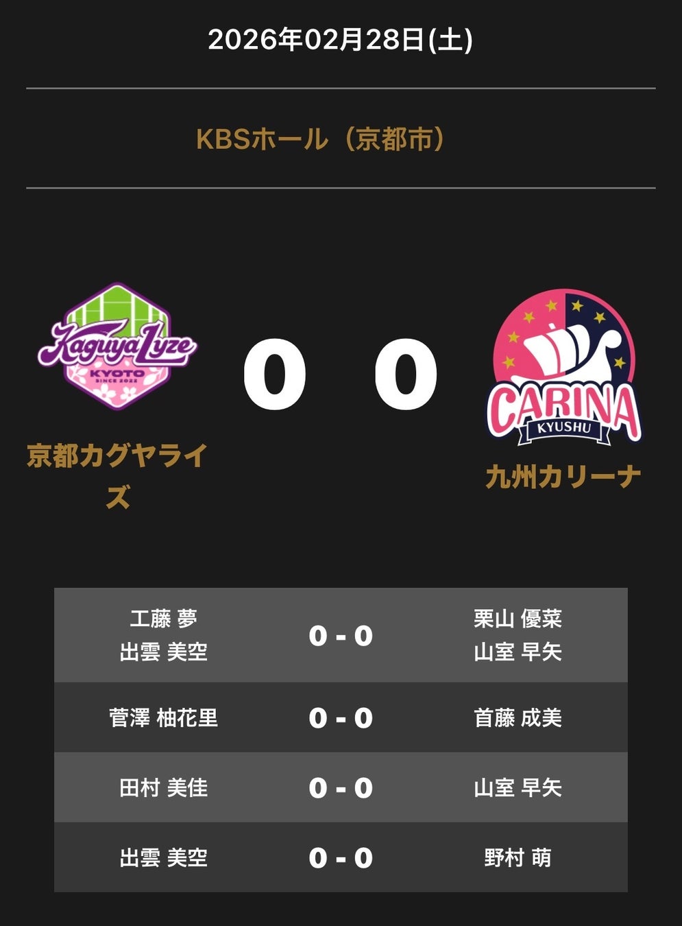 ノジマＴリーグ 2025-2026シーズン 公式戦 2月28日(土)開催 　京都カグヤライズ vs 九州カリーナ　対戦オーダー発表