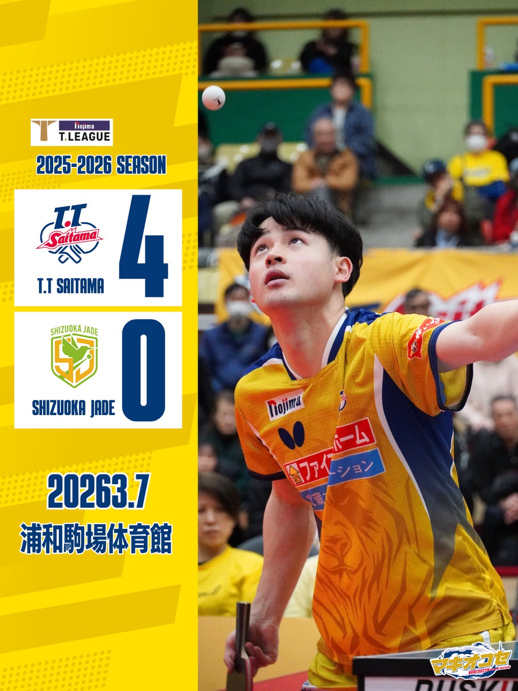 【T.T彩たま】試合結果/ノジマＴリーグ 2025-2026シーズン第24戦 vs静岡ジェード