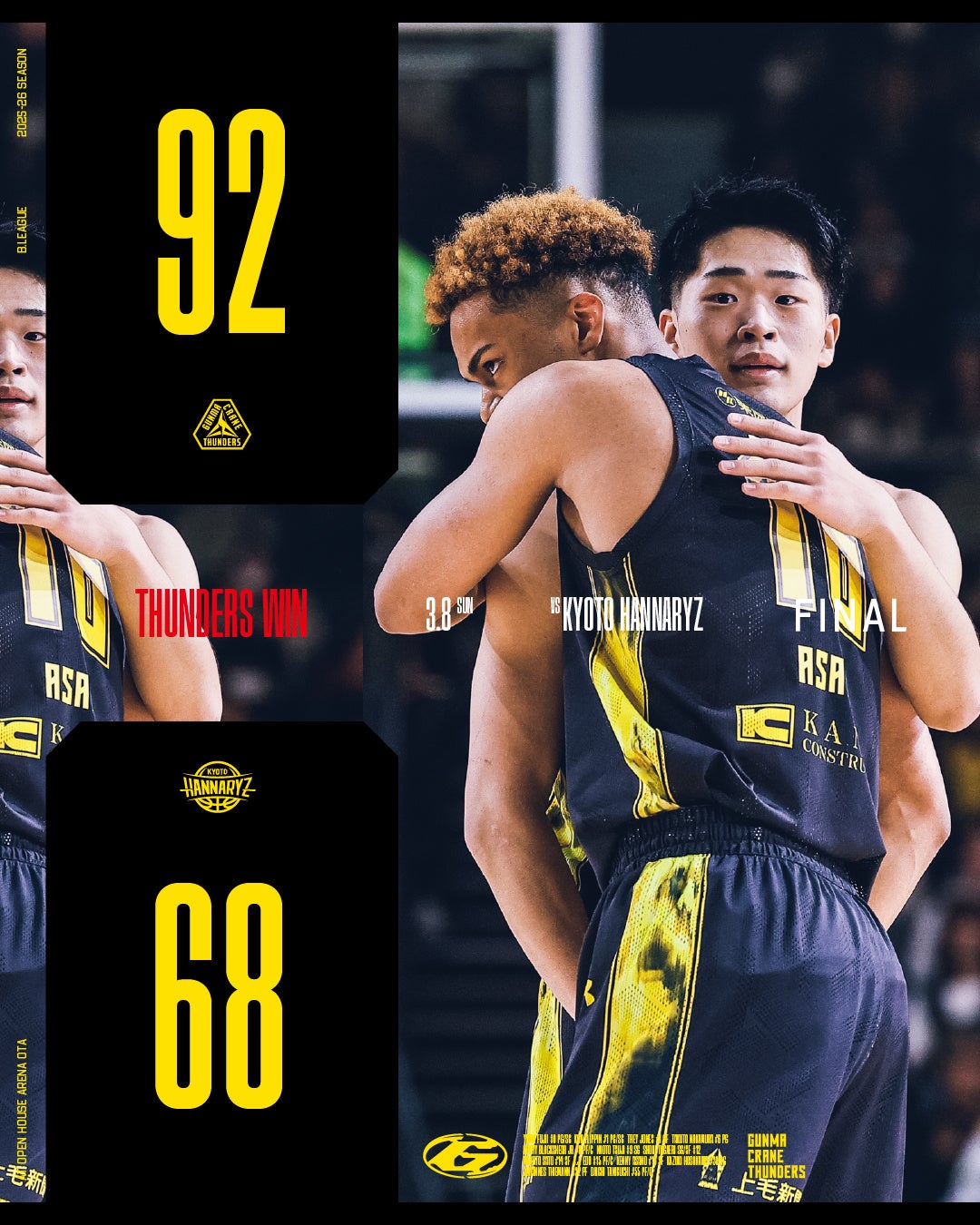 【群馬クレインサンダーズ：試合結果】3/8(日) vs 京都ハンナリーズ りそなグループ B.LEAGUE 2025-26シーズン