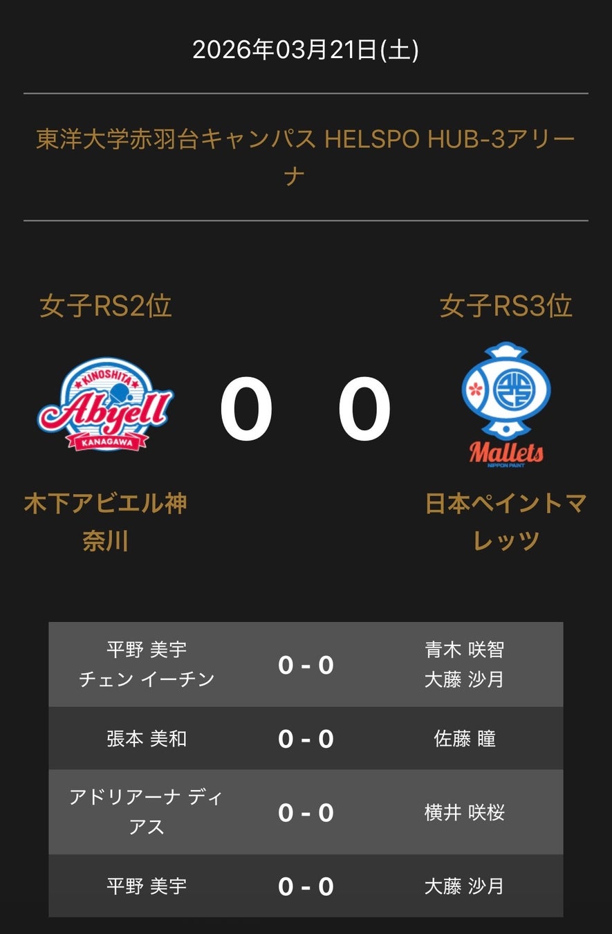 ノジマＴリーグ 2025-2026シーズン 公式戦 3月21日開催 女子セミファイナル 木下アビエル神奈川 vs 日本ペイントマレッツ 対戦オーダー発表