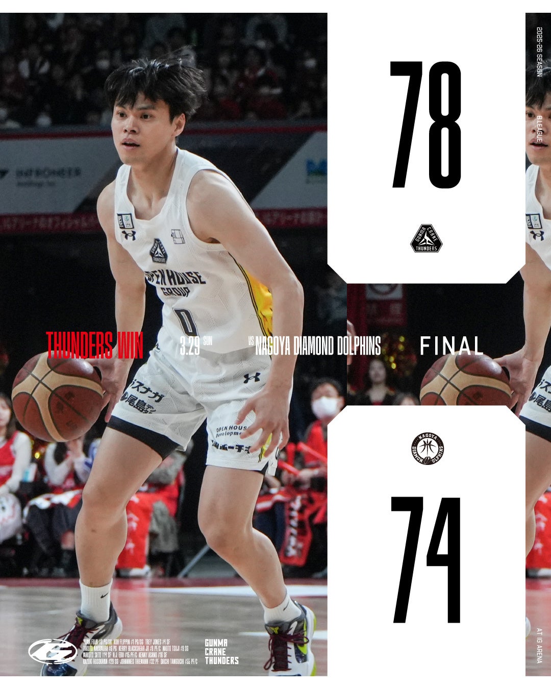 【群馬クレインサンダーズ：試合結果】3/29(日) vs 名古屋ダイヤモンドドルフィンズ りそなグループ B.LEAGUE 2025-26シーズン